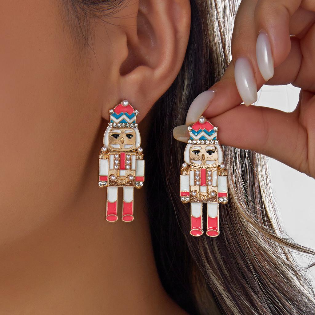 Shiny Crystal Snowflake Nutcracker Soldier Drop Earrings For Women Pink Blue Rhinestone Cartoon King Guard Earring Xmas Jewelry