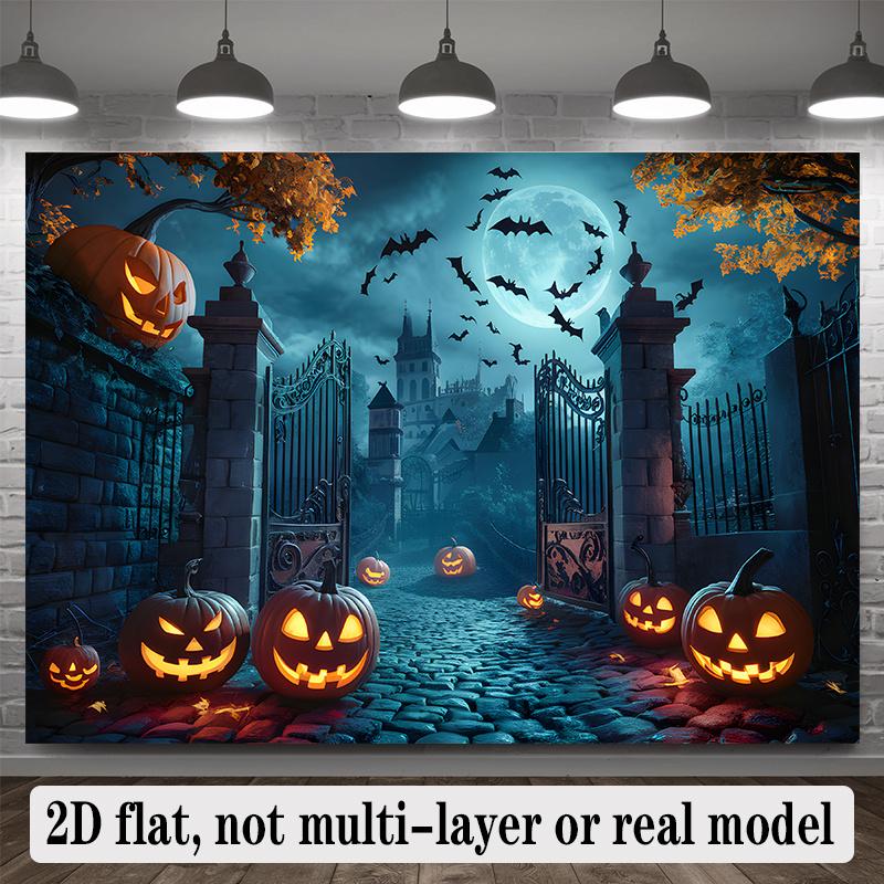 One full moon and bat cemetery scene banner - 2D flat polyester Halloween decoration home party backdrop fabric.PMJ