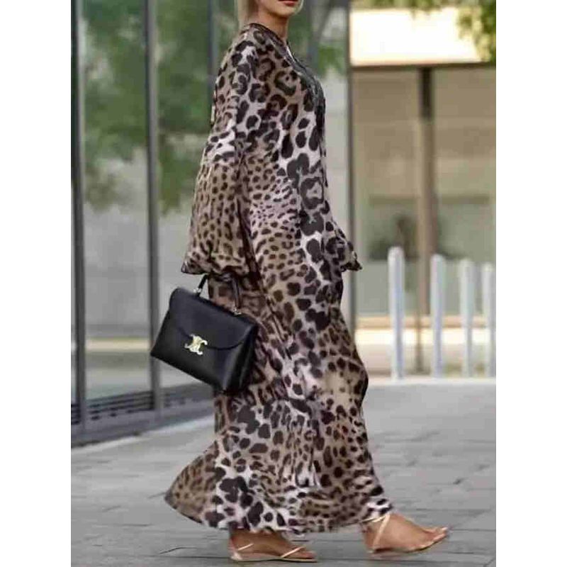 European and American Loose Leopard Print Long sleeve Plus size dresses Print Long Sleeve plus Size Dress