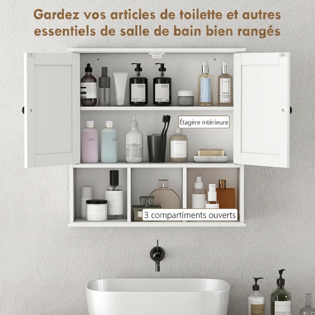 Wall-mounted bathroom cabinet, storage furniture with 2 doors, adjustable shelf and open compartments, white