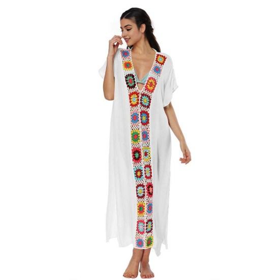 Women Summer Cover Up Dress V-Neck Short Sleeve Crochet Flower Decor See-through