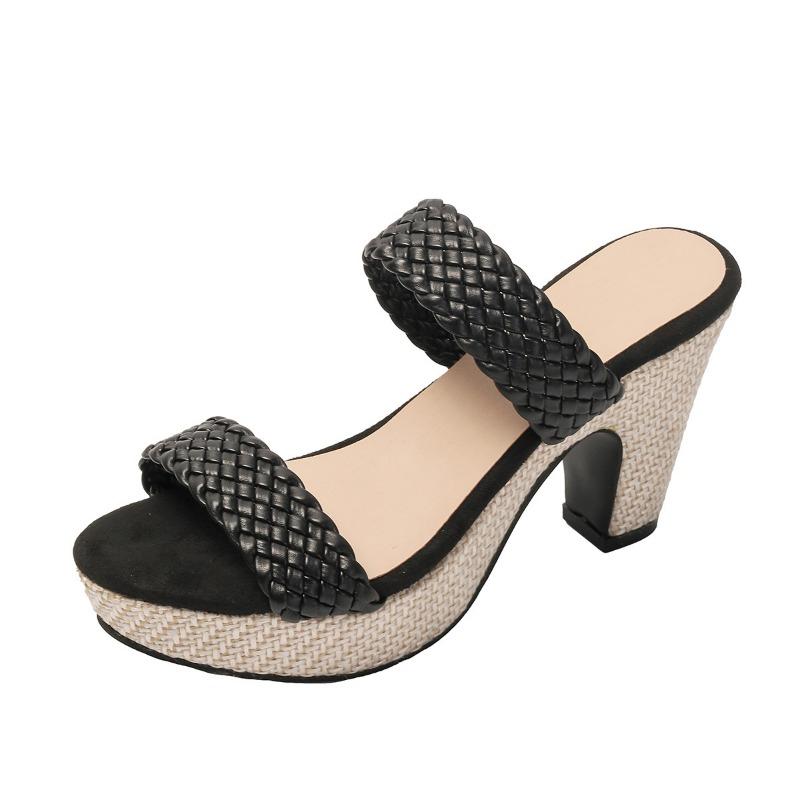 

Wide strip high heel one word with fish mouth beach cool slippers summer new open toe wear cool slippers 41 чёрный