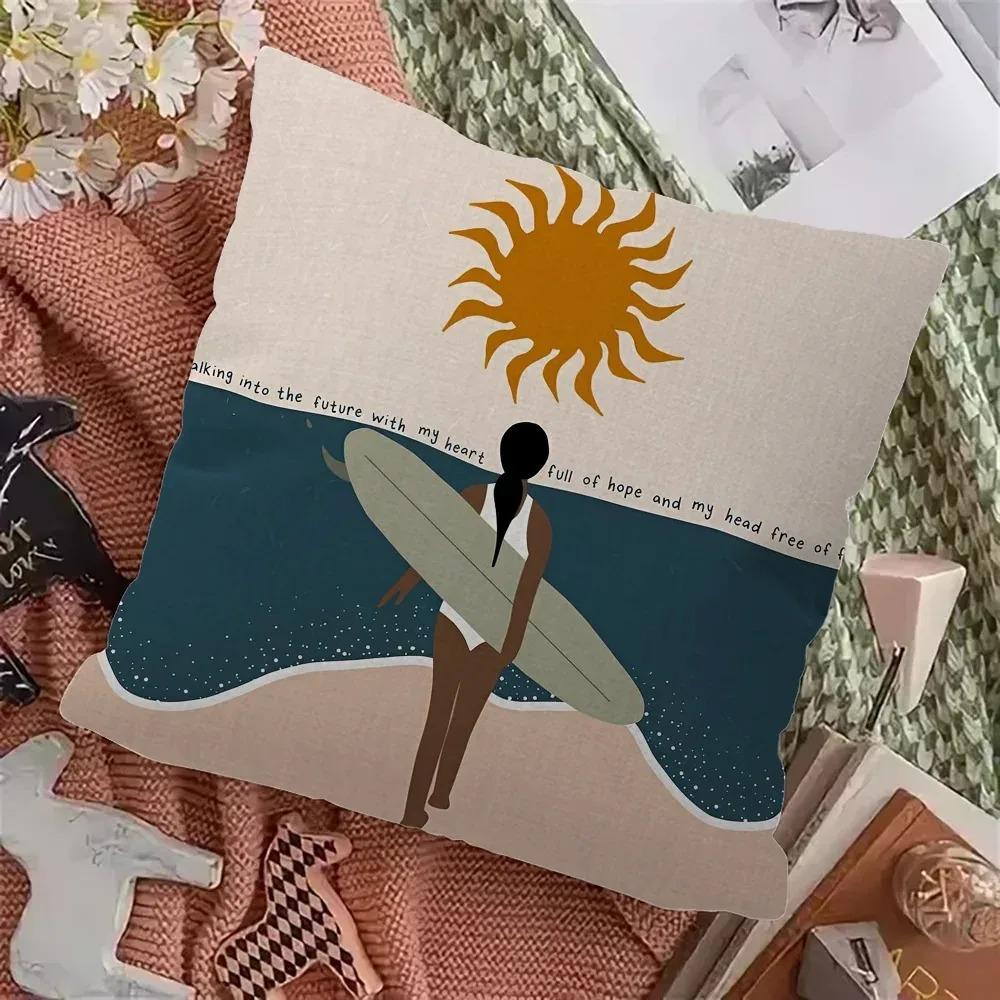 Nordic Summer Woman Art Pillow Case 2D Flat Printed Peach Skin Cushion Cover Ocean Waves Decorative Throw Pillowcase For Sofa