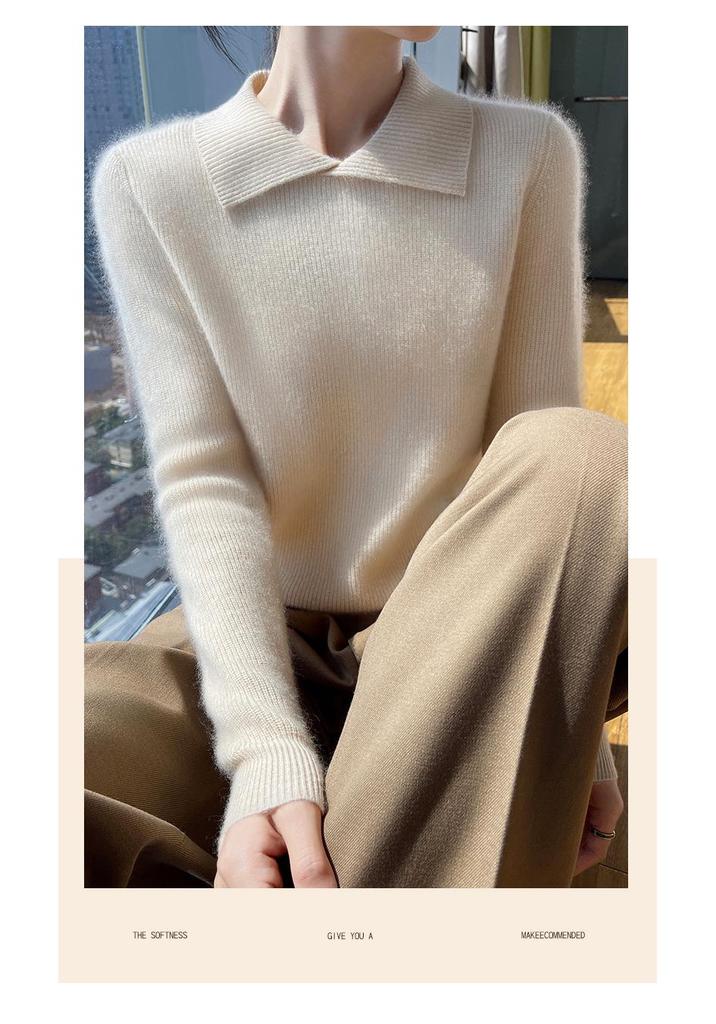 2024 Women's Solid Color Wool Knit Sweater - Autumn/Winter, Round Neck, Soft, Simple, Stylish Lapel Knitwear