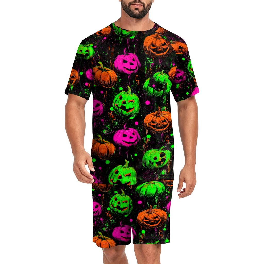 Men's Halloween Casual Pajama Set Short Sleeve Top and Shorts Comfortable Lightweight Sleepwear Set with Pumpkin and Bat Print for Home Use