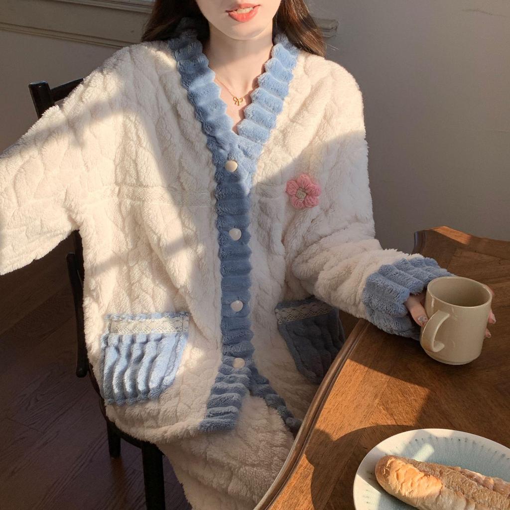 Winterpyjama aus Korallenfleece für Damen: Dickes, warmes Flanell-Loungewear-Set im süßen Stil