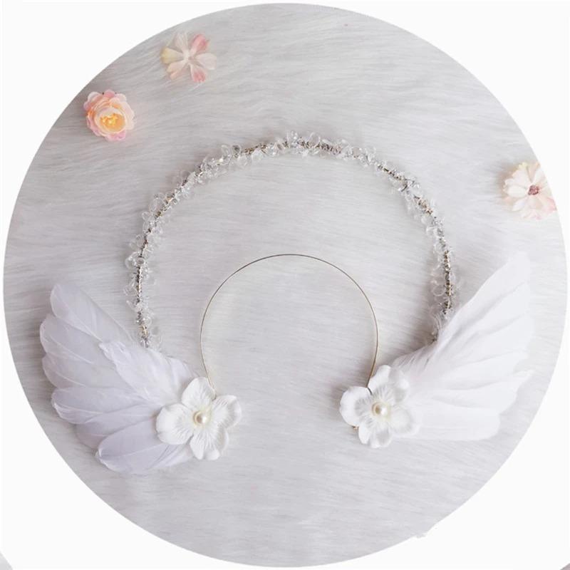 Lolita White Angel Wings Virgin Mary Bead Chain Baroque Halo Tiara Hair Accessory Virgin Mary Sun Godmother's Crown KC Headwear