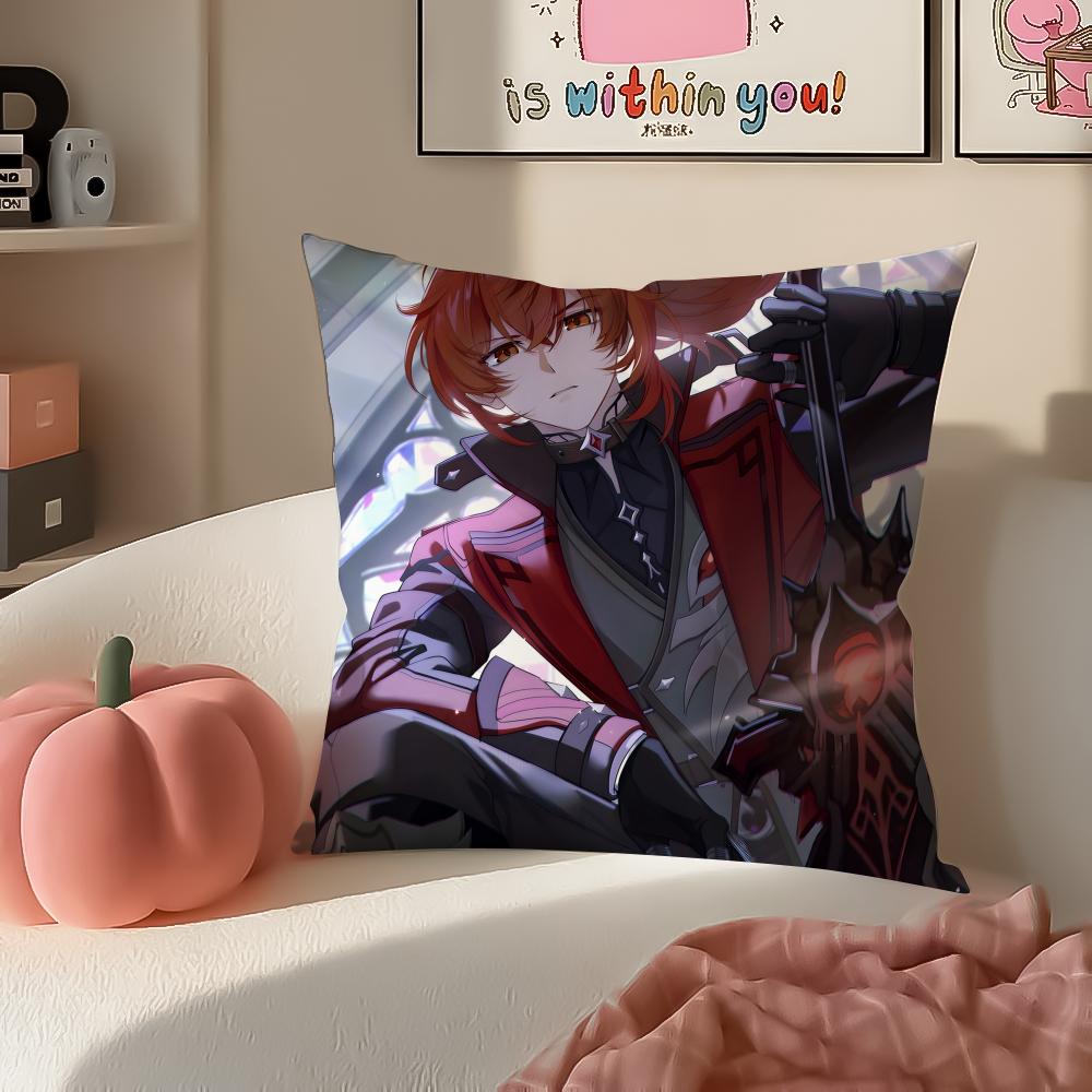 Game Genshin Diluc Cushion Cover Pillowcase Short Plush Invisible zipper Room Sofa Cushion Cover