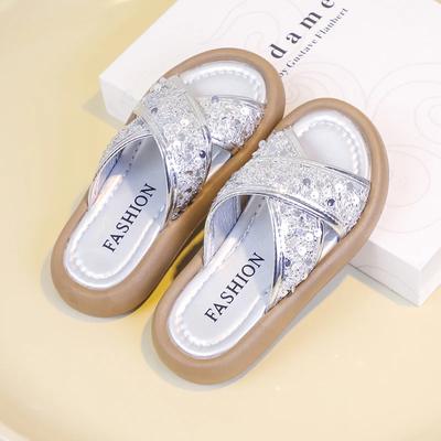 Girls' Slippers 2024 Summer New Kids Fashion Versatile Sandals with Sparkling Sequins Girls' Princess Beach Shoes for Vacation