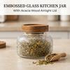 Elegant Food Storage Jar Embossed Glass Canister for Kitchen Organization Airtight Wooden Lid Coffee Tea Nut Container