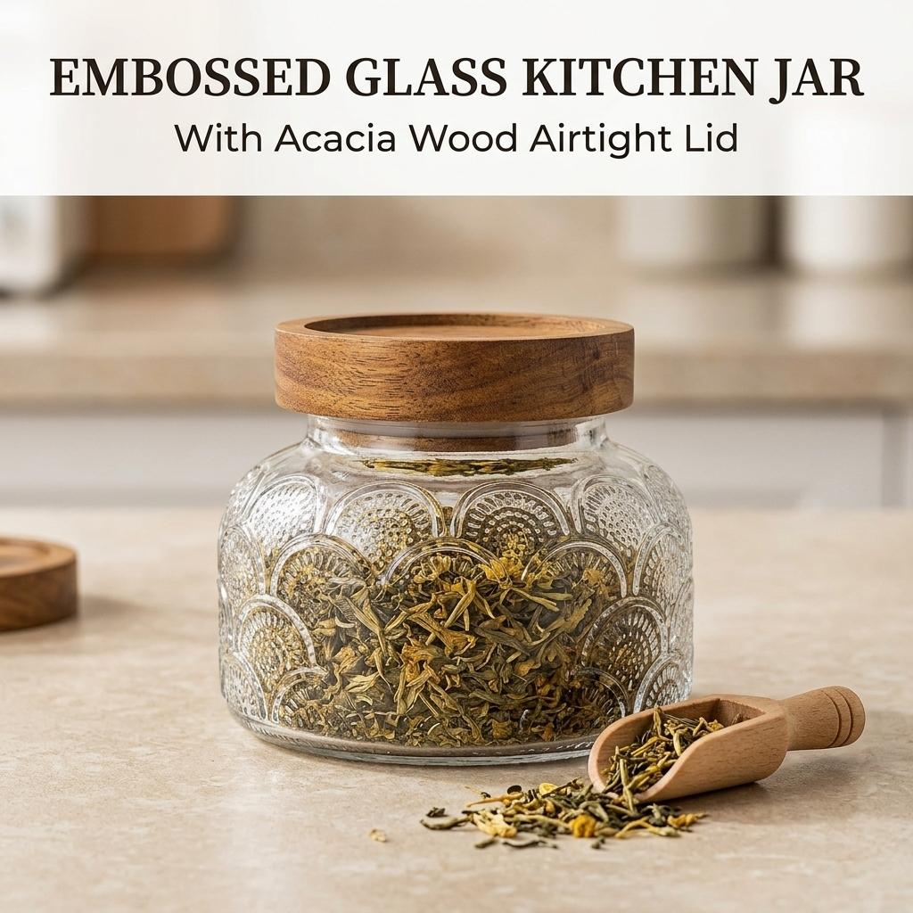 Elegant Food Storage Jar Embossed Glass Canister for Kitchen Organization Airtight Wooden Lid Coffee Tea Nut Container