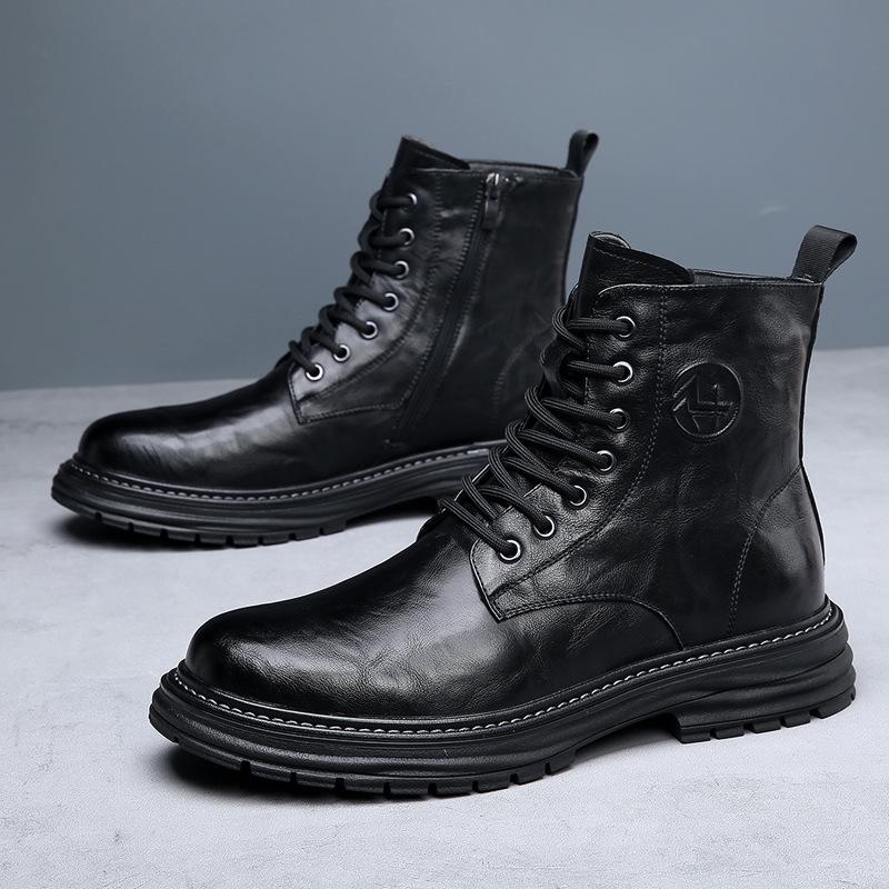 2025 Men's Genuine Leather High Top Martin Boots, Trendy Thick-Soled, Retro British Style, Plus Velvet.