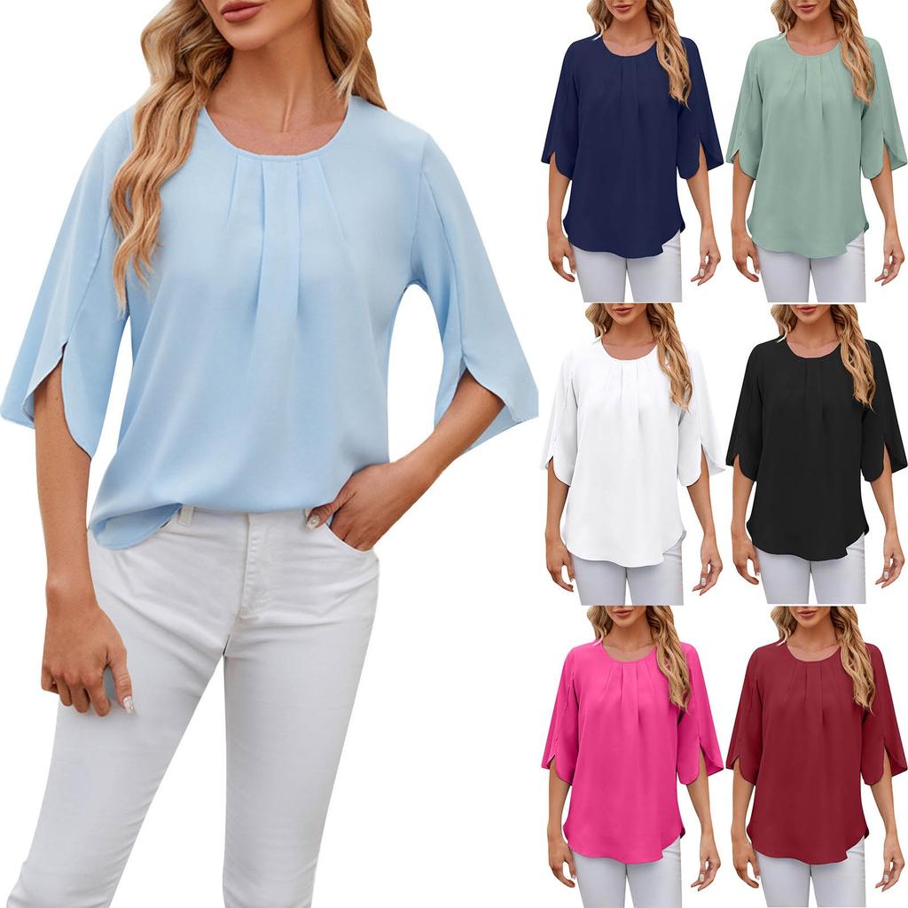 Women's Solid Color Round Neck Half Sleeve Loose Chiffon Blouse