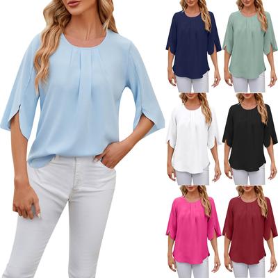 Blouse ample en mousseline unie à manches courtes et col rond pour femme