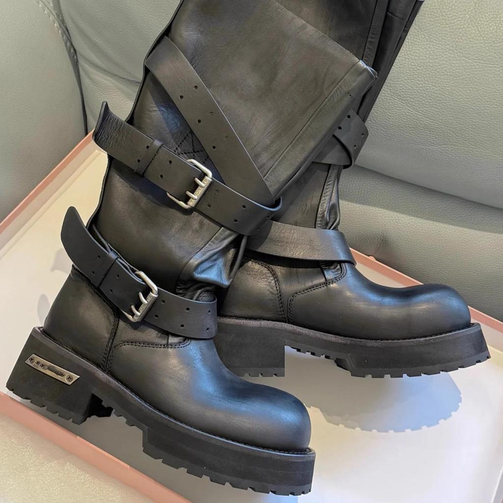 Cowhide~ Venom Boots Haute Couture Version Knight Boots Women's Thick-soled Heightening Boots Maillard Black Leather Boots