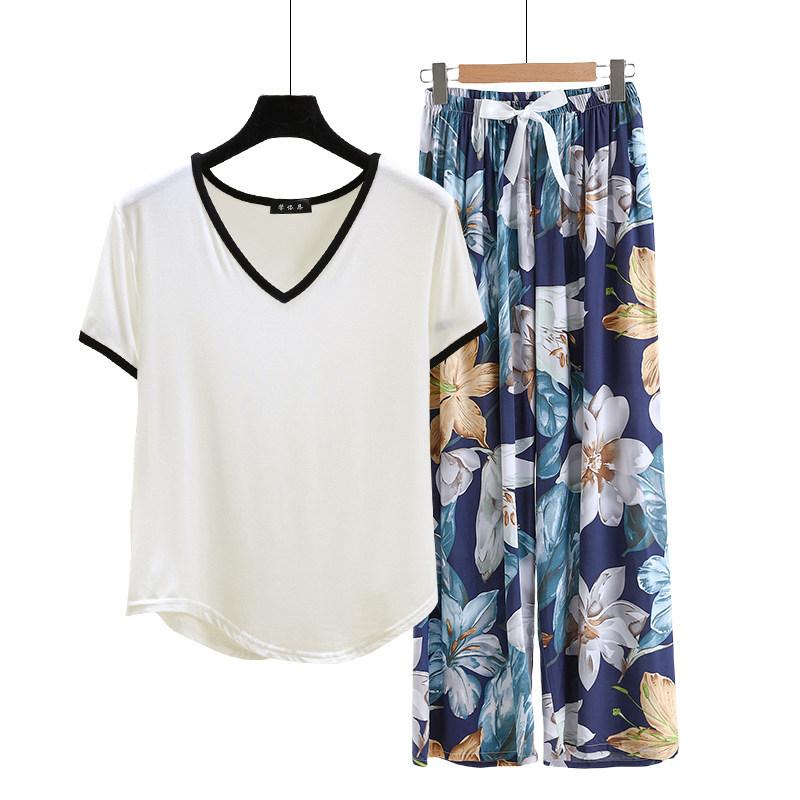 Modal Loungewear V-Neck color-block Tshirt and Floral Wide leg pants Summer Thin Pajamas sets Casual Plus size Homewear 2pcs suit Comfort clothing
