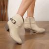 Large Size Western Denim Style Thick Heel Leather Boots, New European and American Belt Buckle Decorative Side Zipper Boots