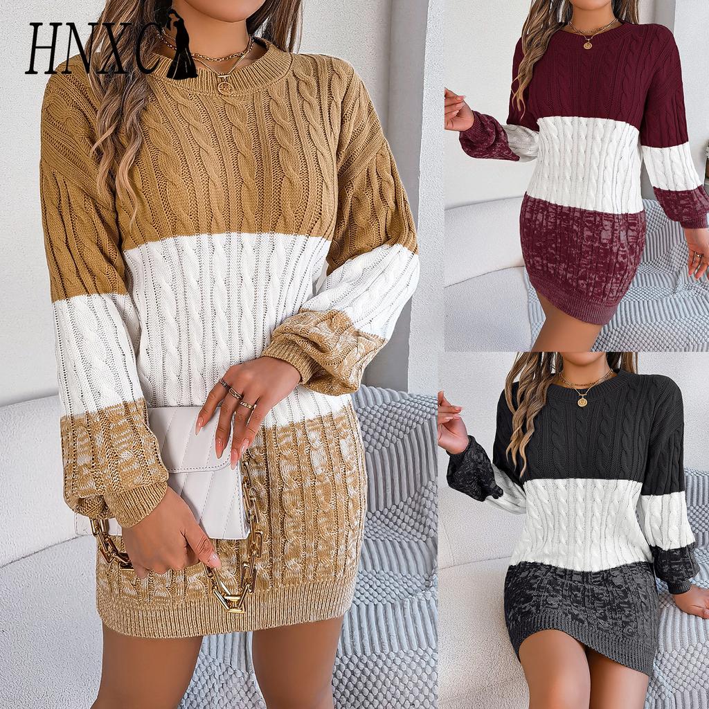 HNXC  Autumn and Winter Casual Color-block Preppy Lantern-sleeved Sweater Dress for Women