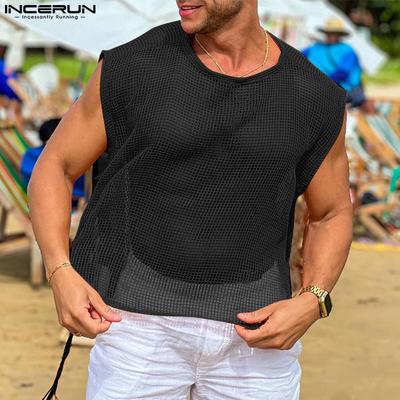 Summer Men Sleeveless Mesh Sheer Hollow Out Side Lace-up Party High Low Tank Tops