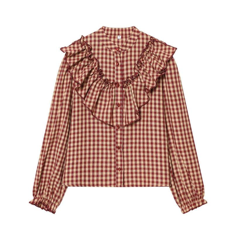 Women s Fashion Versatile Small Plaid Layered Shirt Top XS вино красного