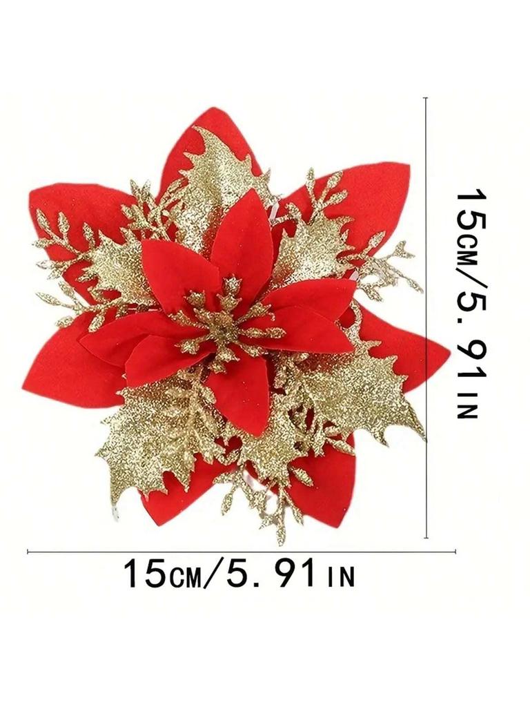 6PCS Gold Powder Christmas Flower Simulation Flower Christmas Tree Pendant Decoration Flower Wreath Accessories