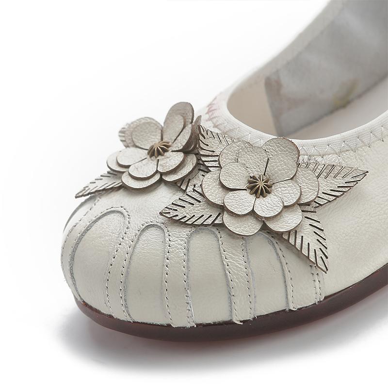 New Real Cow Leather Ballet Flats Woman Slim Foot Shoes Ladies Vintage Floral Moccasins Woman Luxury Flattie Beige Slip On Shoes