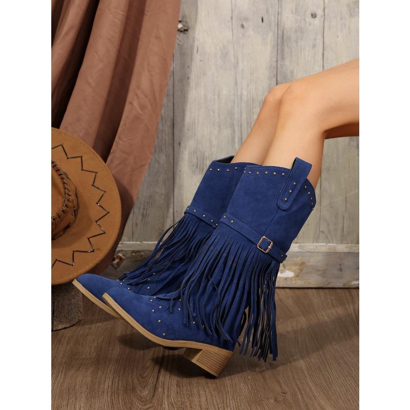 Suede Vintage Fringe Boots 2025 Winter New Rivet Belt Buckle Pointed Toe Mid-Top Boots Plus Size Knight Boots Women