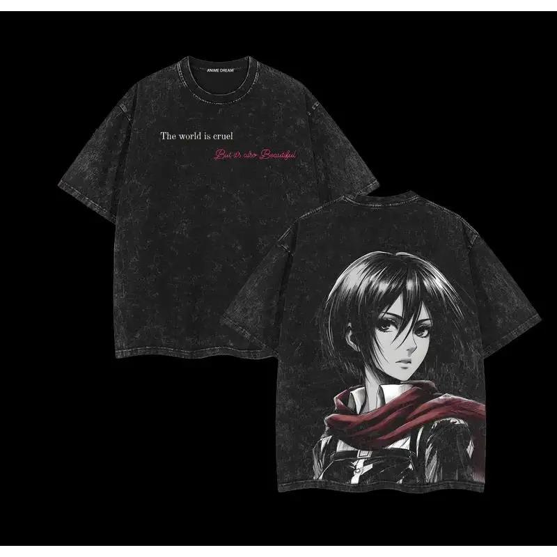 Mikasa Ackerman Print T-shirt Anime Attack On Titan Clothing Men Women Cotton Tshirts Retro Washed T Shirt Harajuku Male Tops