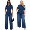 European-American Wide-Leg Slim Fit Stretch Denim Jumpsuit Romper