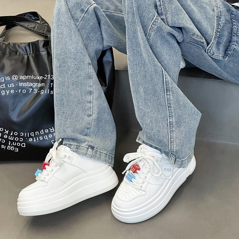 Leather little white shoes women's spring new trend buckle decorative board shoes thick sole height small casual shoes