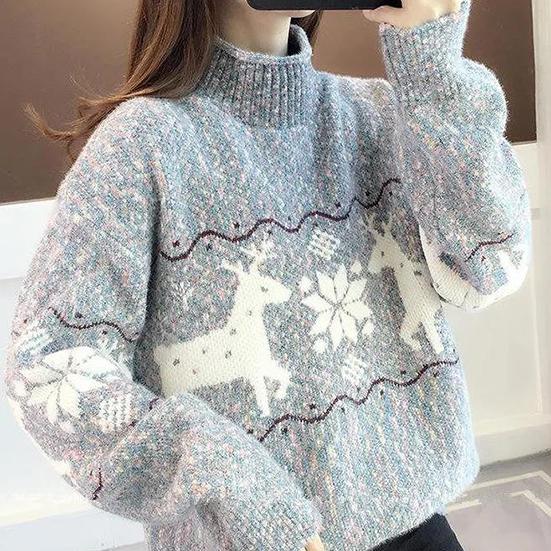 

Женский зимний рождественский свитер с высоким воротником из лося, женский осенний свободный водостойкий вязаный пуловер большого размера для улицы S синий