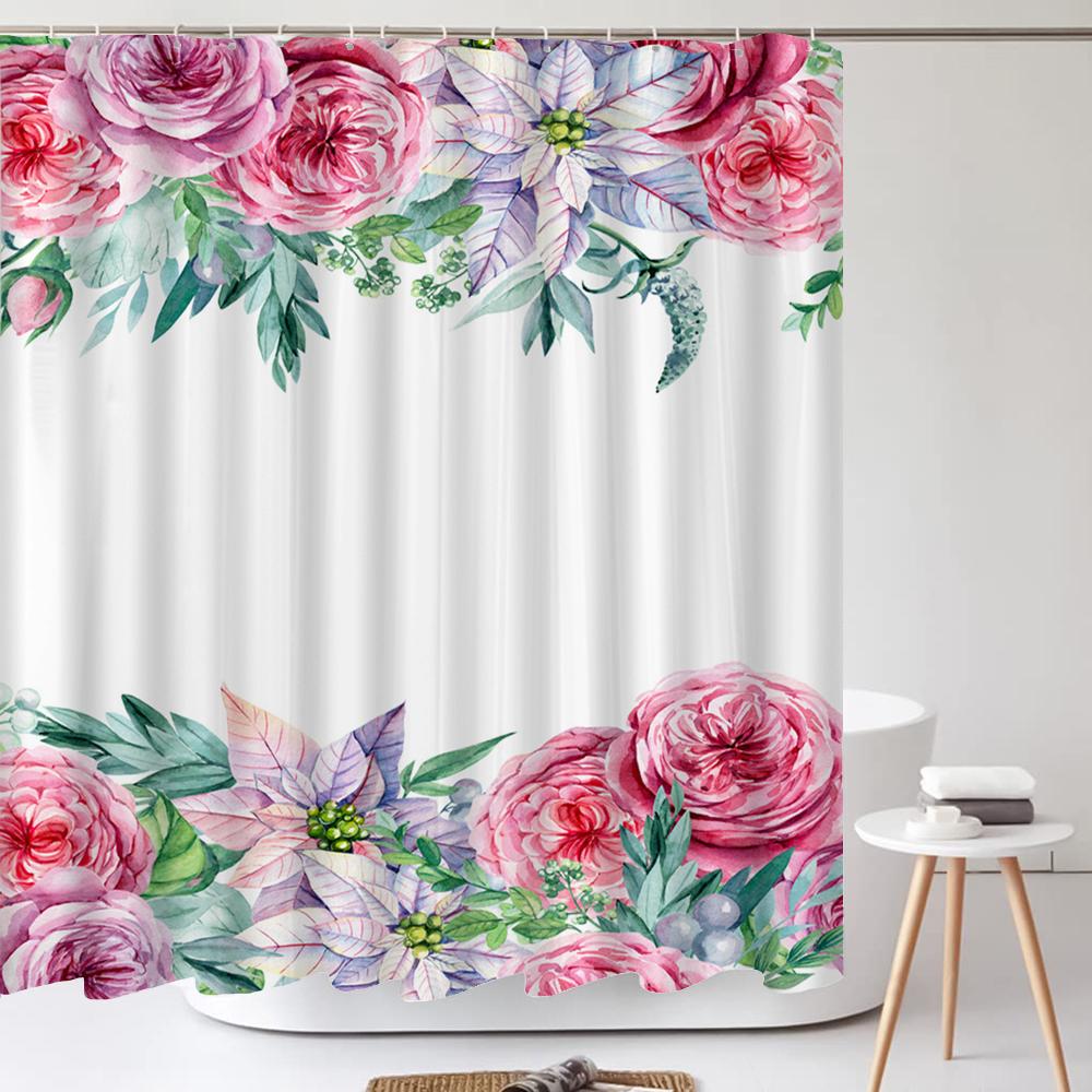 Green Leaves Plant Flower Butterfly Shower Curtain Watercolor Floral Waterproof Fabric Bath Curtains Bathroom Accessorie Decor