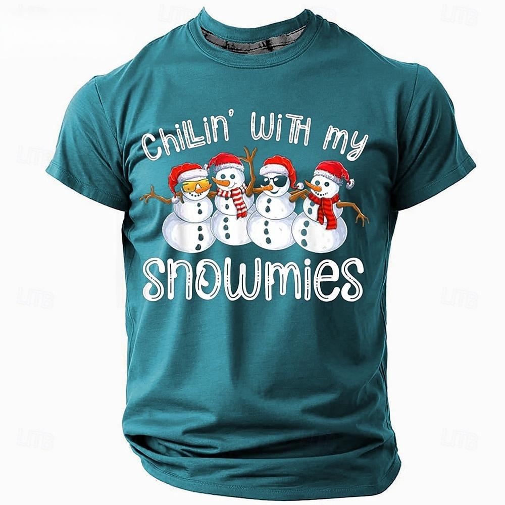Happy Christmas Men's T-Shirt Cute Snowman Pattern Print Short Sleeves Casual Round Neck Pullover Tees New Year Men's Clothing