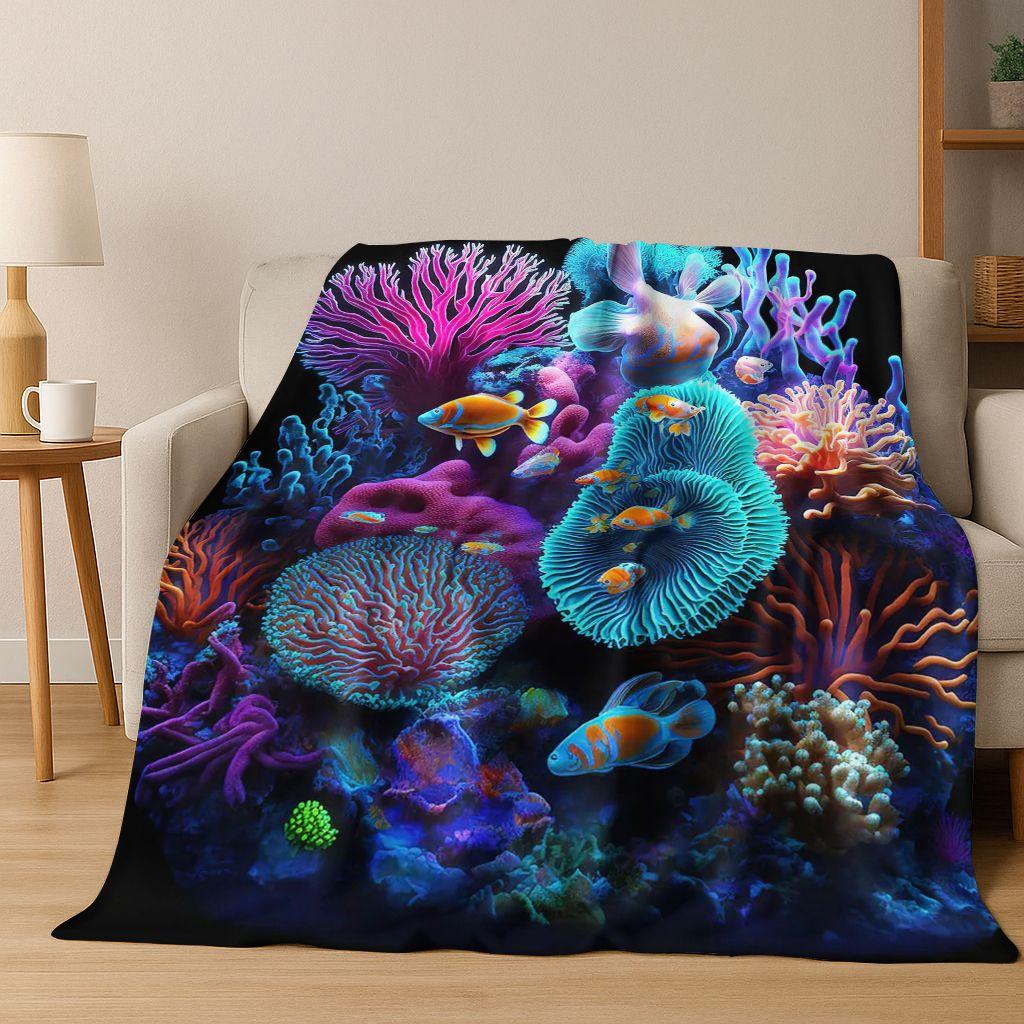 Dream Underwater World Sea Dolphin Turtle Coral Art Flannel Blanket,Cozy Soft Throw Blanket for Home Bedroom Bed Sofa Gift Kids