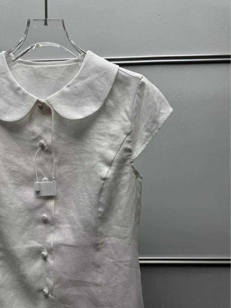 French Minimalist Linen Short-Sleeve Shirt with Elegant Doll Collar