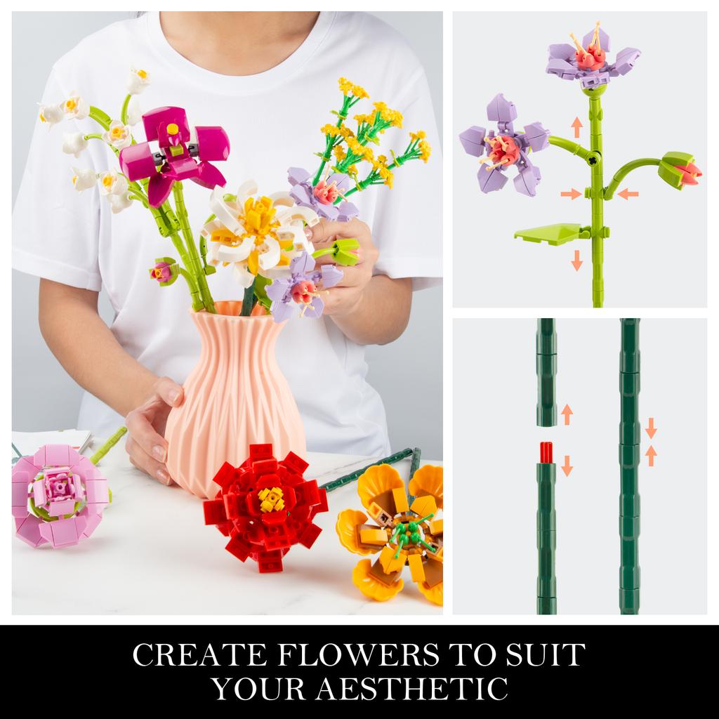 Netoxické 756 ks Kytice umělých květin Stavebnice s vázou DIY Plastové květiny Cihličky Dětské hračky Dětský dárek Domácí dekorace