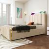 Upholstered Single Bed, Headboard with Golden Stripes and USB Type-C Charging 90*200 Cm, Beige Linen Hydraulic Storage Bed (Without Mattress)