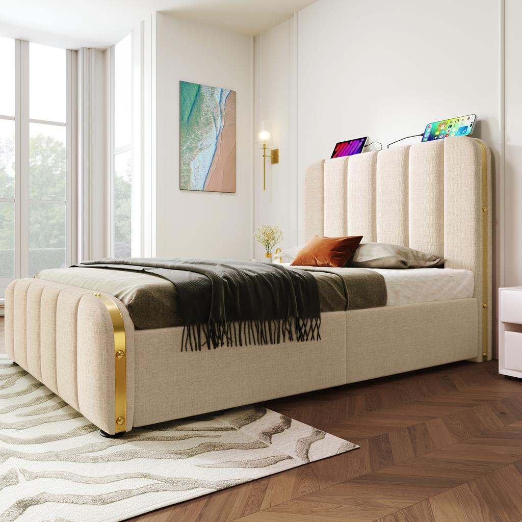 Upholstered Single Bed, Headboard with Golden Stripes and USB Type-C Charging 90*200 Cm, Beige Linen Hydraulic Storage Bed (Without Mattress)