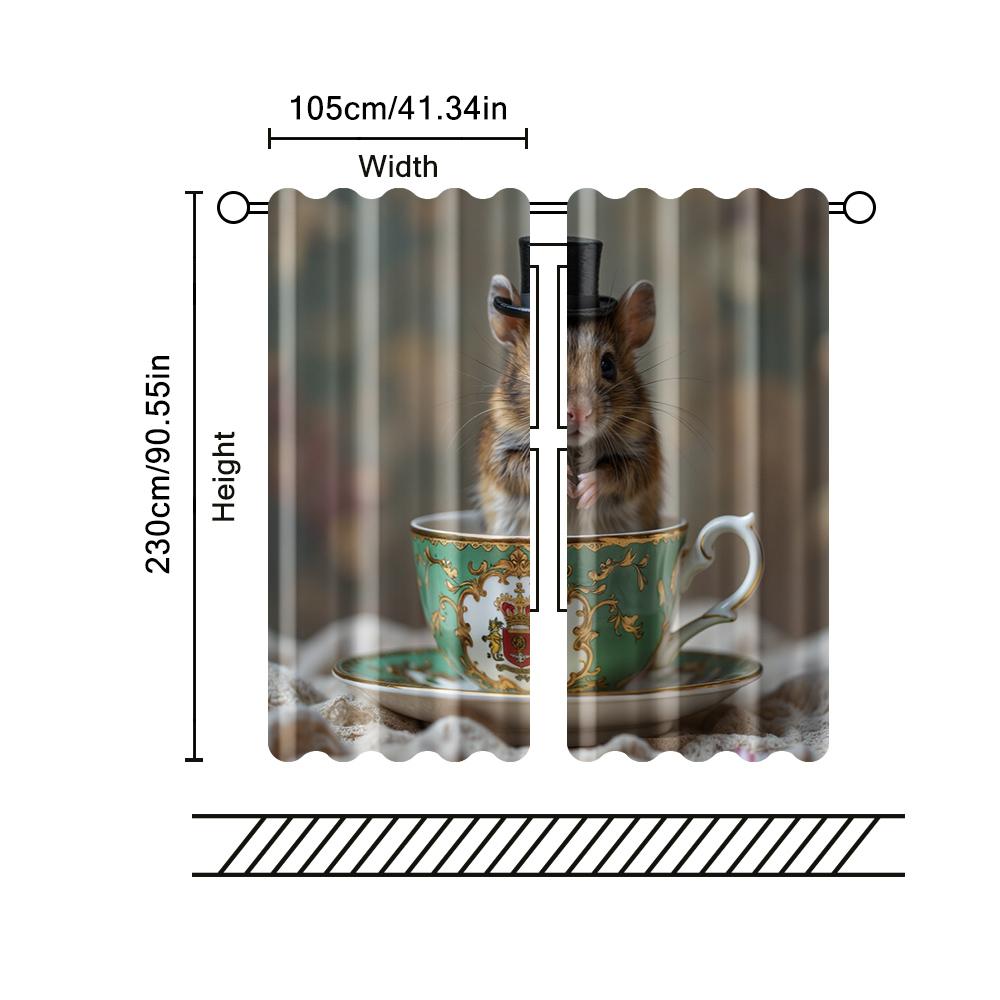 Filtering Curtains Excluding Rods Non Movable Without Batteries Whimsical Mouse Tea Cup Use Bedrooms Curtain Set Of 2 Made Polyester Washable Sleeping