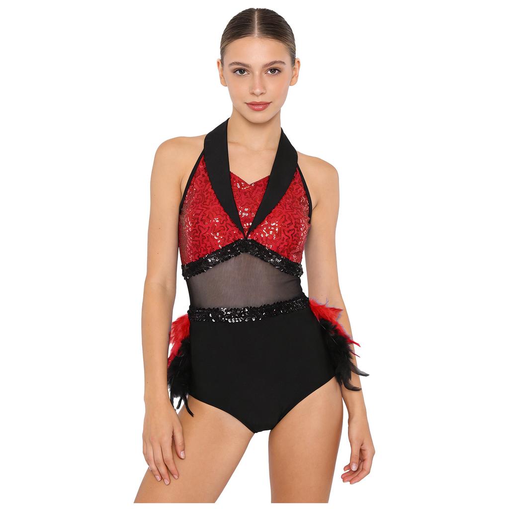 Damen Glitzernder Pailletten Farbblock Body Netz-Taille Feder Saum Ärmelloser Cutout Leotard