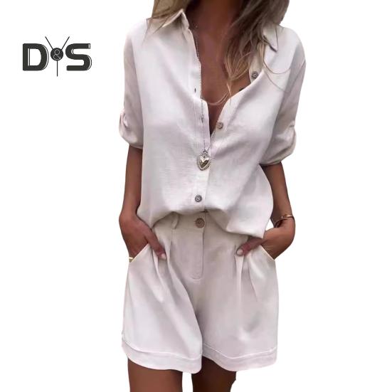 2-teiliges Set mit Hemd und Hose, einfarbig, kurze Ärmel, Reverskragen, Bluse, hohe Taille, lockere Shorts über dem Knie, lässiges Pendler-Outfit