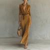 Rochie Fitted cu Guler Lung de Cămașă și Talie Marcată din Piele Suede pentru Femei