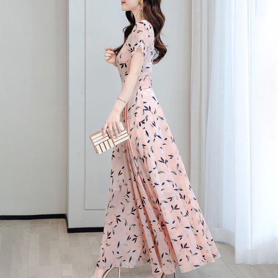 Kvinners Sommer Chiffon Flytende Maxi Kjole Casual A-linje Kort Erm Crew Neck Lang Kjole Blomstret Boho Strand Sommerkjole