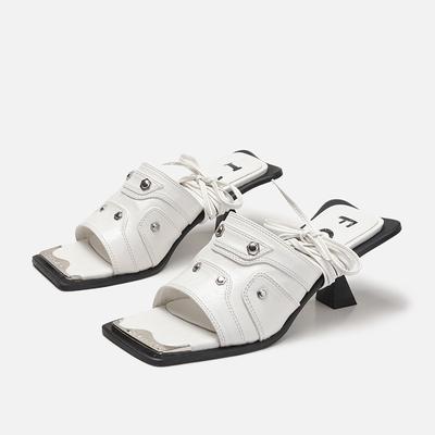 Sandales à Talons Hauts Été Femmes Pantoufles Cuir Gladiateur Luxe Rivet Talons Hauts Bout Carré Décontracté Dame Sangle Cheville