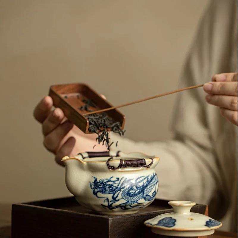 200ml Ru Kiln Blue and White Dragon Pattern Porcelain Teapot High-End Tea Bowl Tea Ceremony Set Hand-Held Teapot KungFu Tea Set