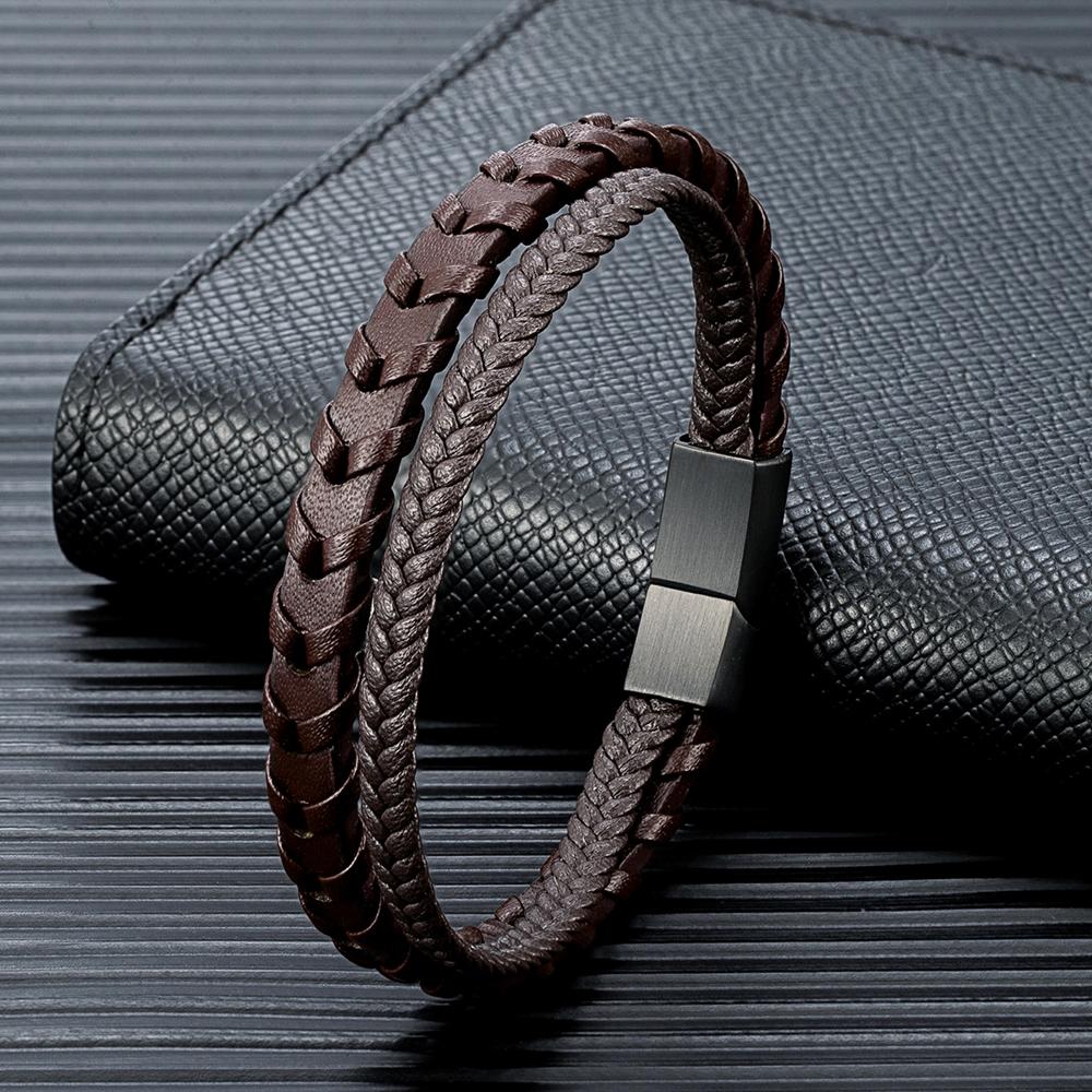 Leather Bracelet For Men Genuine Wrap Braided Leather Cuff Bangle Bracelet with Magnetic Stainless Steel Clasp For Women