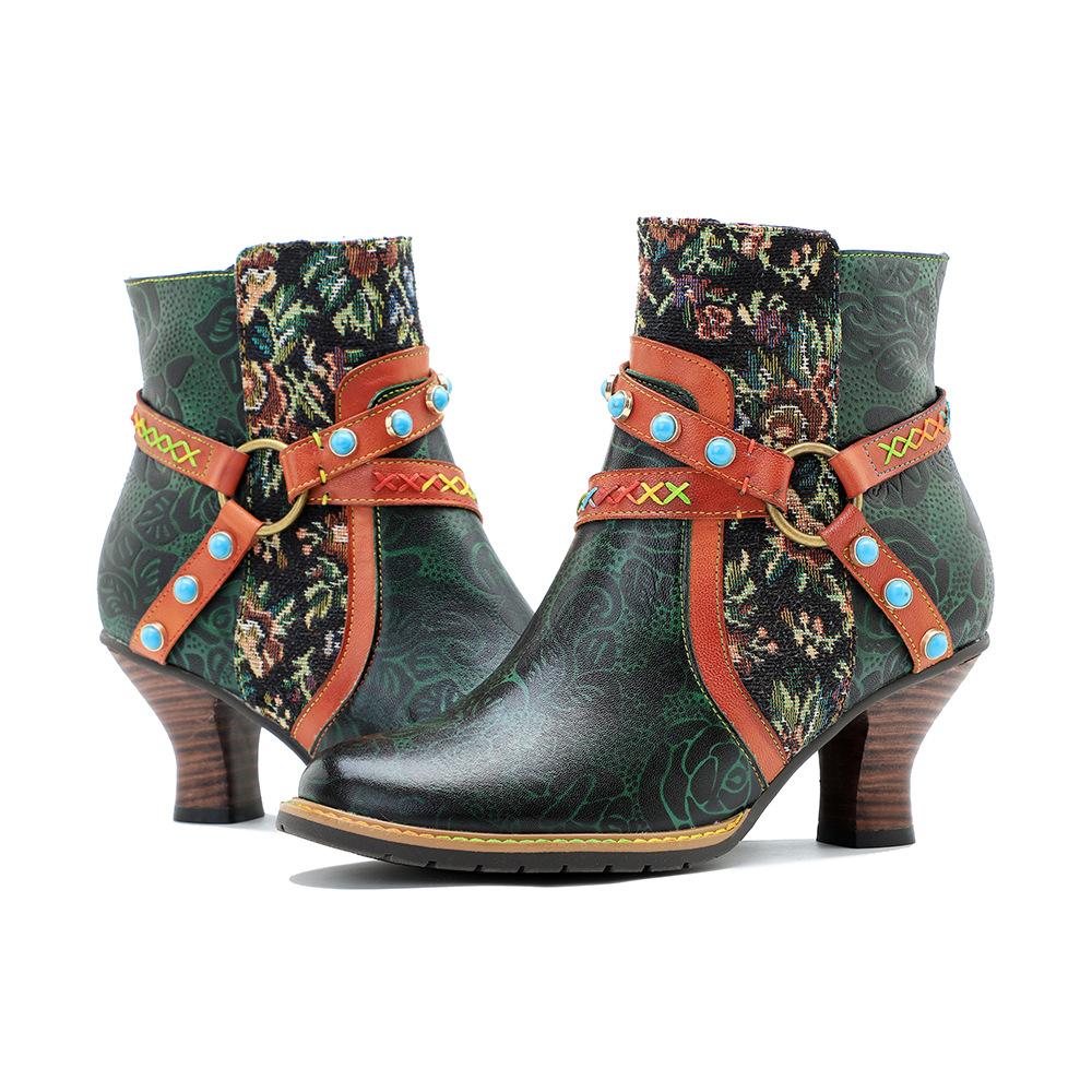 Johnature Genuine Leather Boots Fashion Women High-heeled Shoes Retro Rivet Patchwork Short Boots