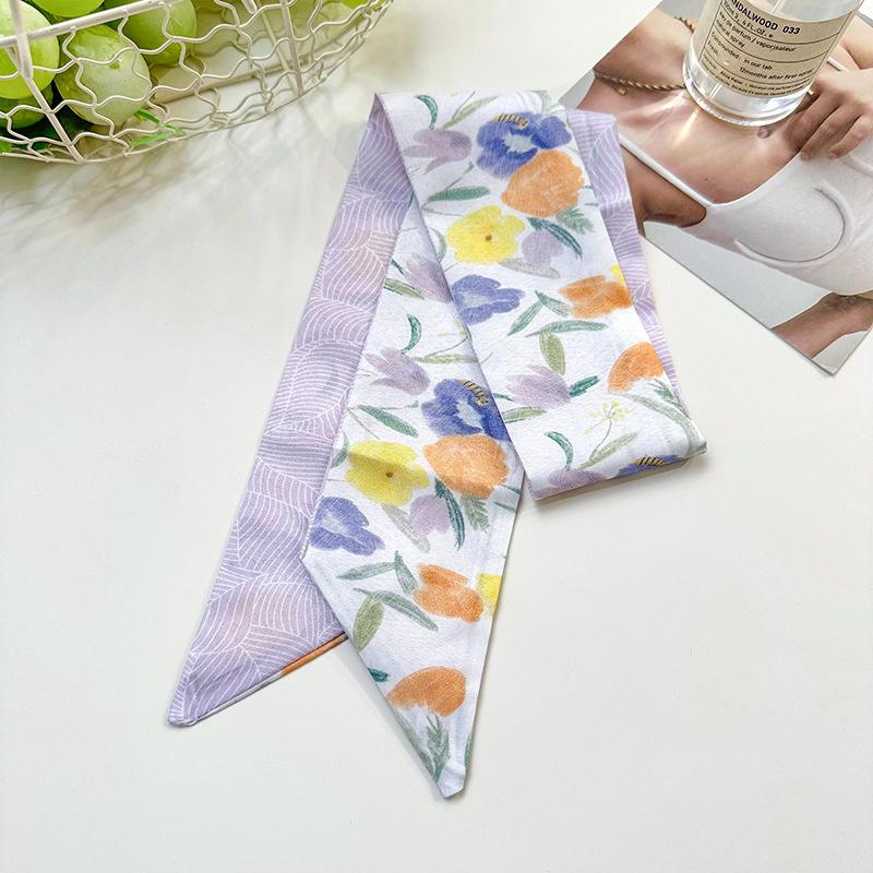 2025 Korean Fashion Flowers Pattern Women Twill Decorative Ribbon Small Scarf Binding Bag Handle Ribbon Hair Band Small Scarf