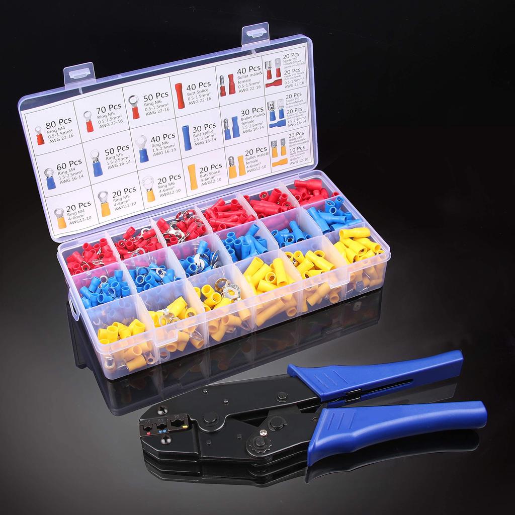 Knoweasy Wire Terminal Crimping Tool Kit Insulated Ratchet Crimping Tool with 700 and Ring Crimp Terminal Connectors - AWG20-10 Butt, Bullet, Spade,