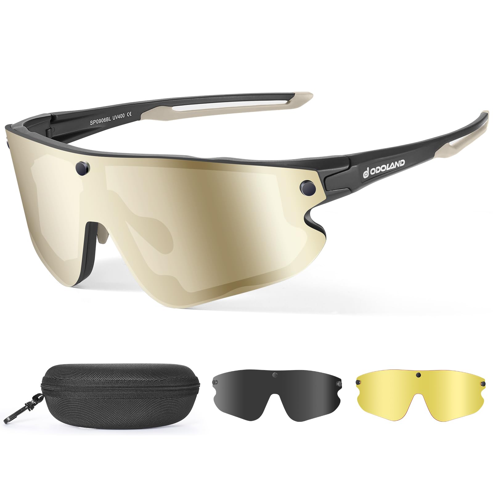 

Odoland Polarized Sports Sunglasses with Interchangeable Magnetic Lenses Lenses Nighttime Lenses Case UV400 for Men and Ideal for and Driving (Gray + золотой